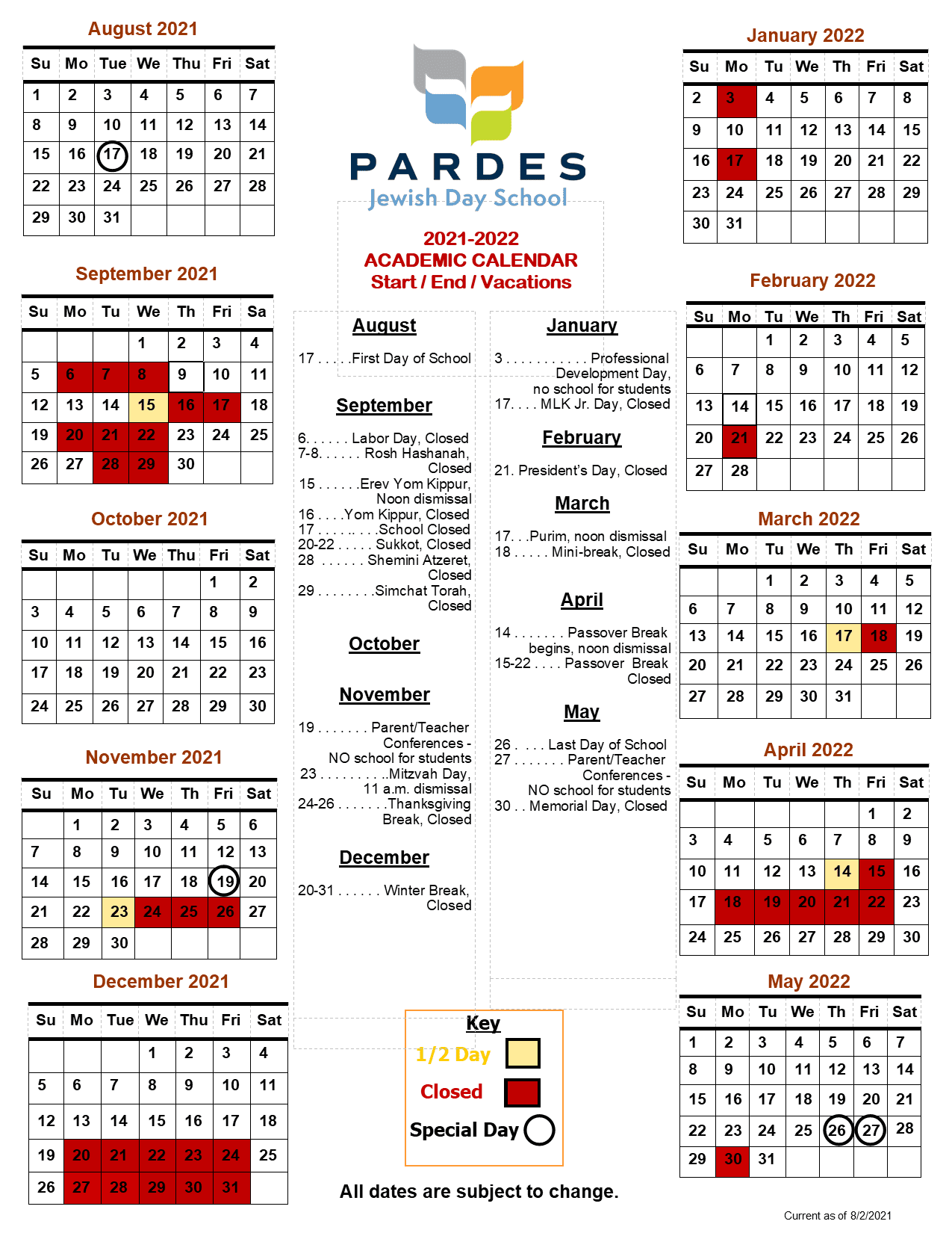 21 22 Academic Calendar Pardes Jewish Day School